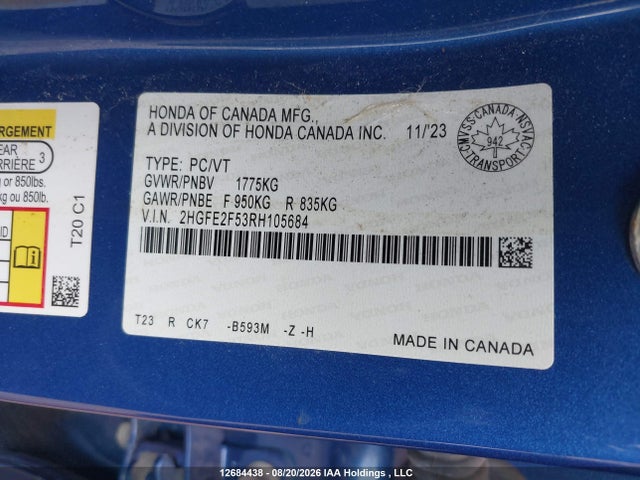 Honda Civic Sport 2024 2HGFE2F53RH105684 Image 9