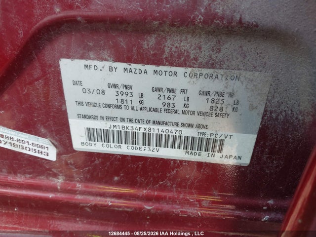 12684445 :رقم المزاد ، JM1BK34FX81140470 vin ، 2008 Mazda Mazda3 مزاد بيع