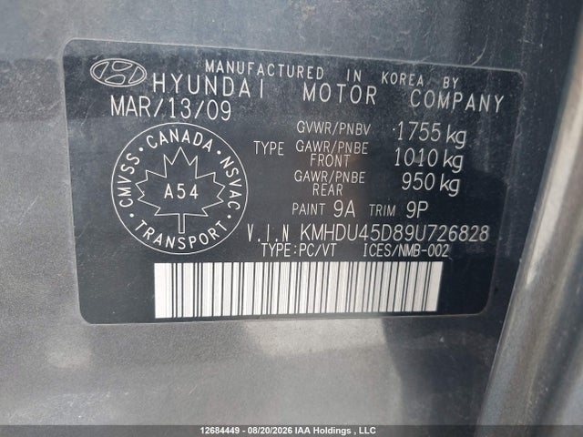 Продаж на аукціоні авто 2009 Hyundai Elantra, vin: KMHDU45D89U726828, номер лоту: 12684449
