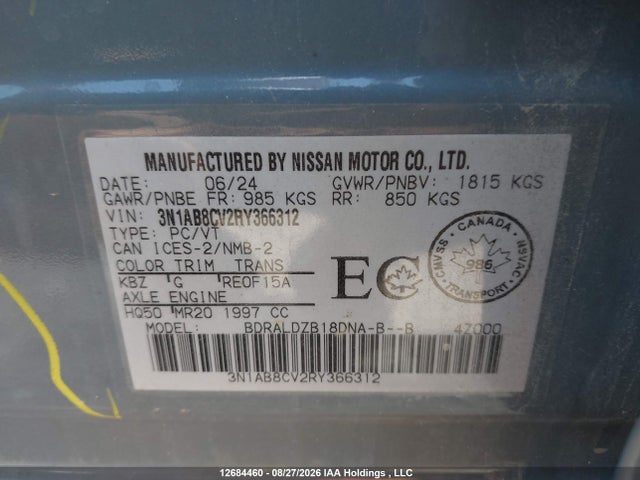 Продажа на аукционе авто 2024 Nissan Sentra Sv, vin: 3N1AB8CV2RY366312, номер лота: 12684460