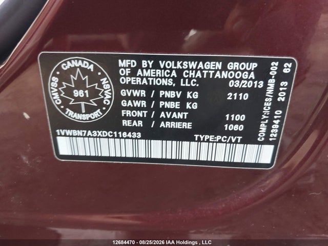 Продаж на аукціоні авто 2013 Volkswagen Passat Se, vin: 1VWBN7A3XDC116433, номер лоту: 12684470
