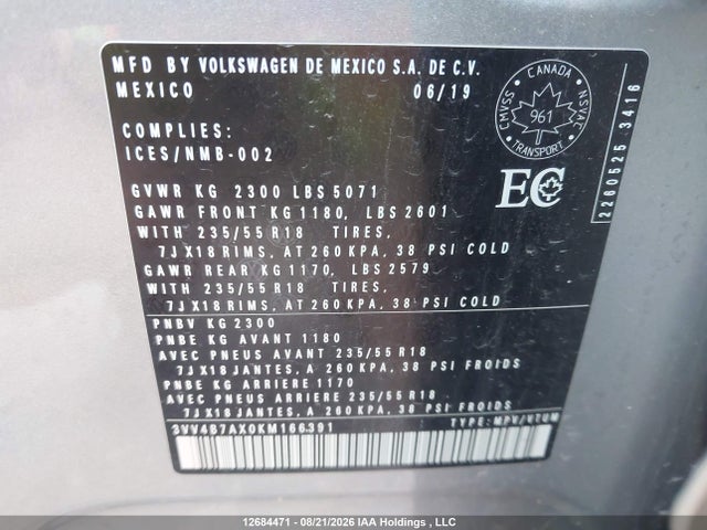 2019 Volkswagen Tiguan Highline მანქანა იყიდება აუქციონზე, vin: 3VV4B7AX0KM166391, აუქციონის ნომერი: 12684471