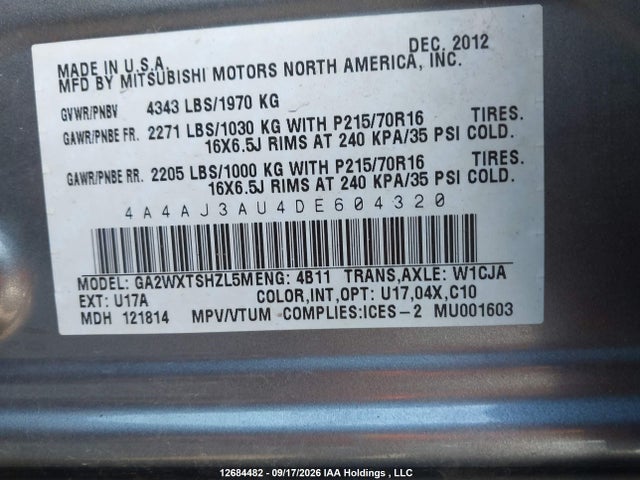 12684482 :رقم المزاد ، 4A4AJ3AU4DE604320 vin ، 2013 Mitsubishi Rvr Se مزاد بيع