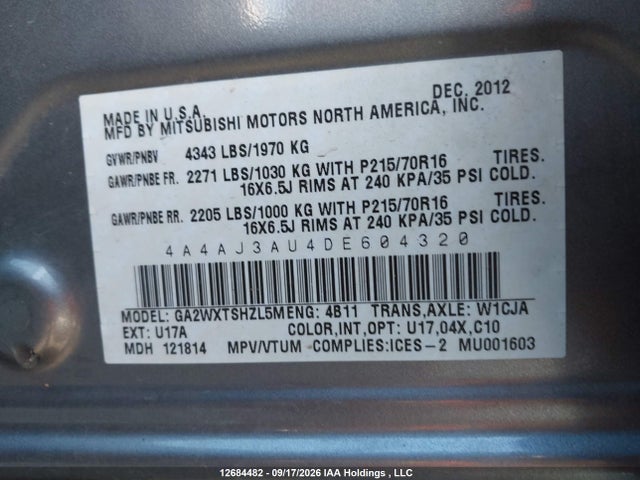 12684482 :رقم المزاد ، 4A4AJ3AU4DE604320 vin ، 2013 Mitsubishi Rvr Se مزاد بيع