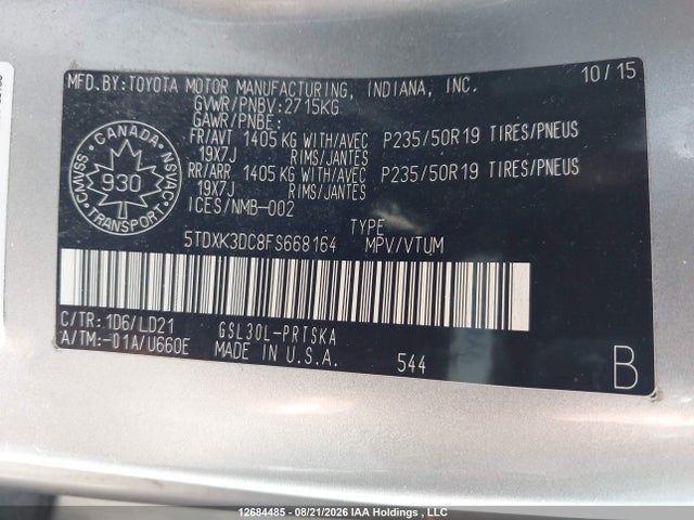 12684485 :رقم المزاد ، 5TDXK3DC8FS668164 vin ، 2015 Toyota Sienna مزاد بيع