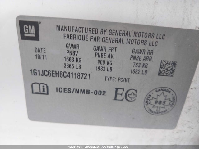 2012 Chevrolet Sonic Lt მანქანა იყიდება აუქციონზე, vin: 1G1JC6EH6C4118721, აუქციონის ნომერი: 12684494
