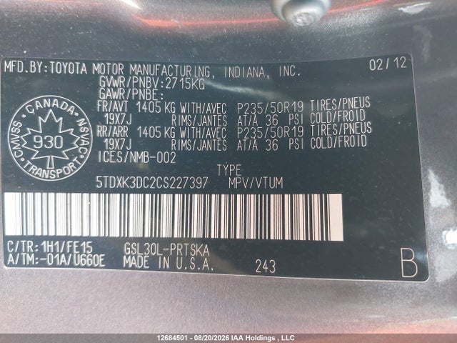 2012 Toyota Sienna Se 8 Passenger მანქანა იყიდება აუქციონზე, vin: 5TDXK3DC2CS227397, აუქციონის ნომერი: 12684501