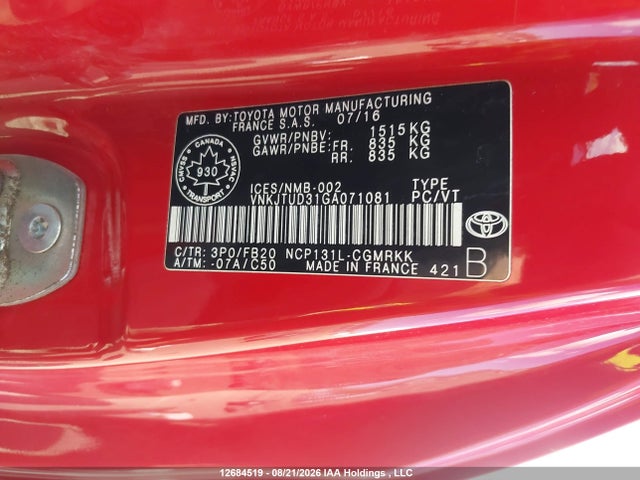 12684519 :رقم المزاد ، VNKJTUD31GA071081 vin ، 2016 Toyota Yaris L/le مزاد بيع