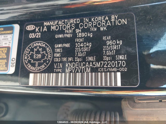 Продажа на аукционе авто 2021 Kia Seltos Ex, vin: KNDEUCAA5M7220170, номер лота: 12684523
