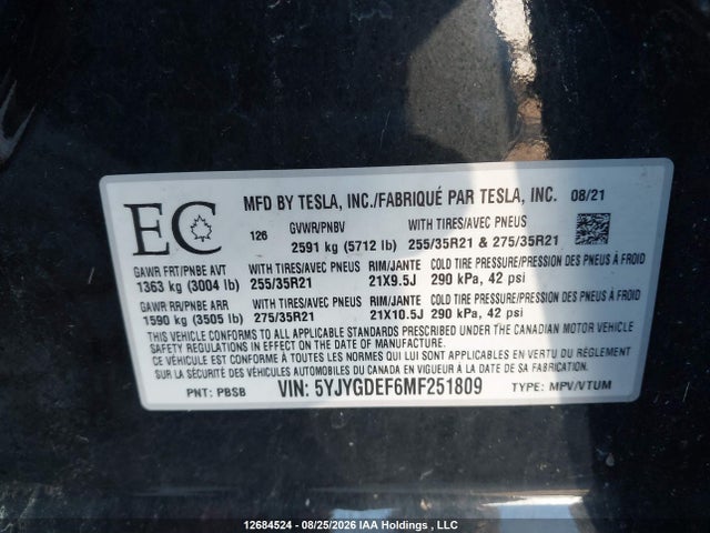 Продажа на аукционе авто 2021 Tesla Model Y Performance, vin: 5YJYGDEF6MF251809, номер лота: 12684524