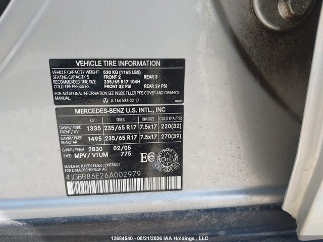 12684540 :رقم المزاد ، 4JGBB86E26A002979 vin ، 2006 Mercedes-benz Ml 350 مزاد بيع