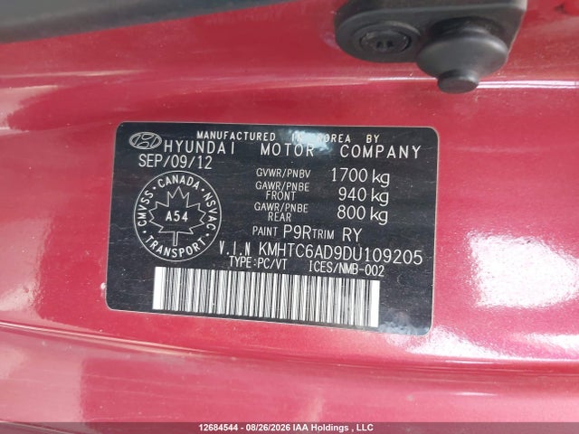 2013 Hyundai Veloster მანქანა იყიდება აუქციონზე, vin: KMHTC6AD9DU109205, აუქციონის ნომერი: 12684544
