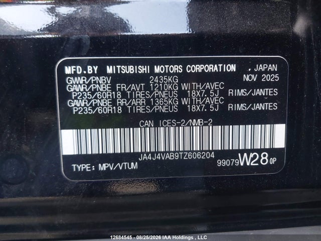 Aukcja sprzedaży 2026 Mitsubishi Outlander, vin: JA4J4VAB9TZ606204, numer aukcji: 12684545