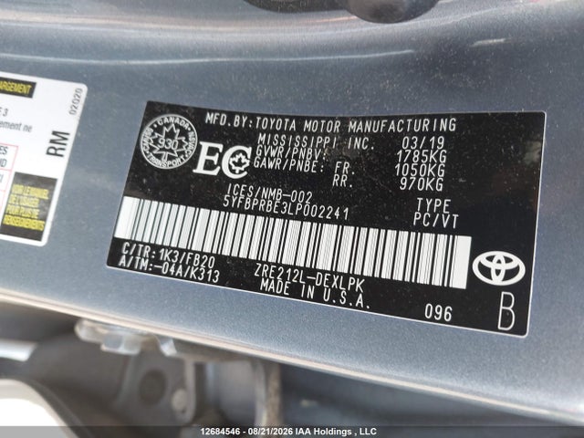 5YFBPRBE3LP002241 Toyota COROLLA LE