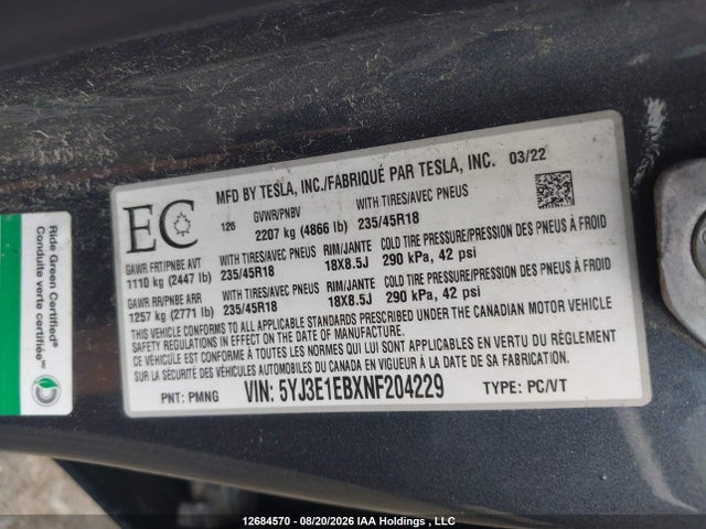 Продажа на аукционе авто 2022 Tesla Model 3, vin: 5YJ3E1EBXNF204229, номер лота: 12684570