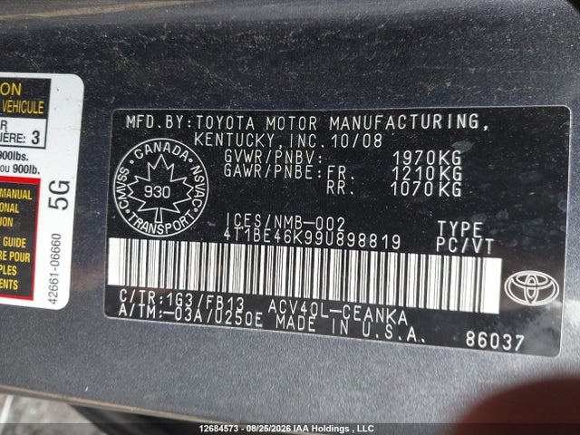 2009 Toyota Camry Le მანქანა იყიდება აუქციონზე, vin: 4T1BE46K99U898819, აუქციონის ნომერი: 12684573