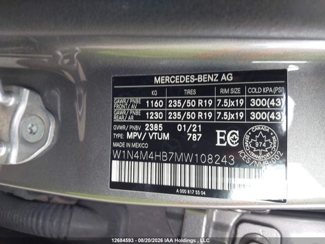 12684593 :رقم المزاد ، W1N4M4HB7MW108243 vin ، 2021 Mercedes-benz Glb 250 4matic مزاد بيع