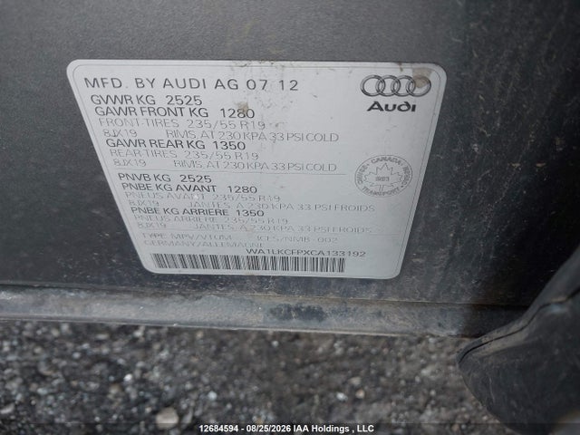 Продажа на аукционе авто 2012 Audi Q5 Premium Plus, vin: WA1LKCFPXCA133192, номер лота: 12684594