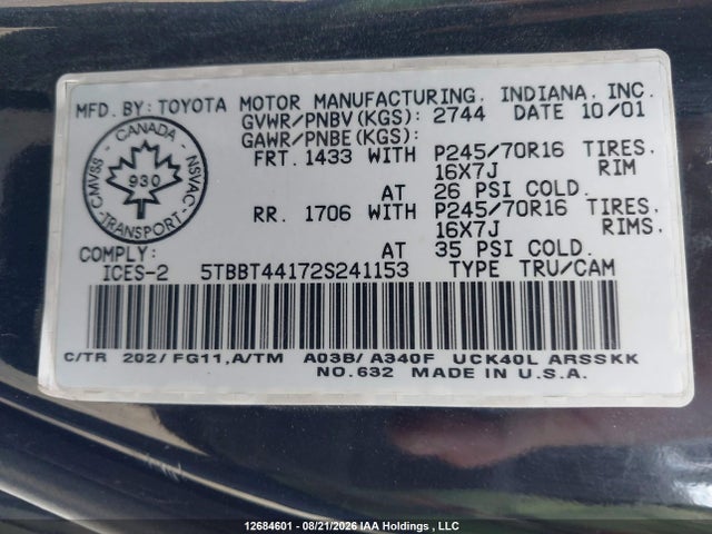 12684601 :رقم المزاد ، 5TBBT44172S241153 vin ، 2002 Toyota Tundra Access Cab/access Cab Sr5 مزاد بيع