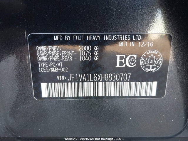 2017 Subaru Wrx მანქანა იყიდება აუქციონზე, vin: JF1VA1L6XH8830707, აუქციონის ნომერი: 12684612