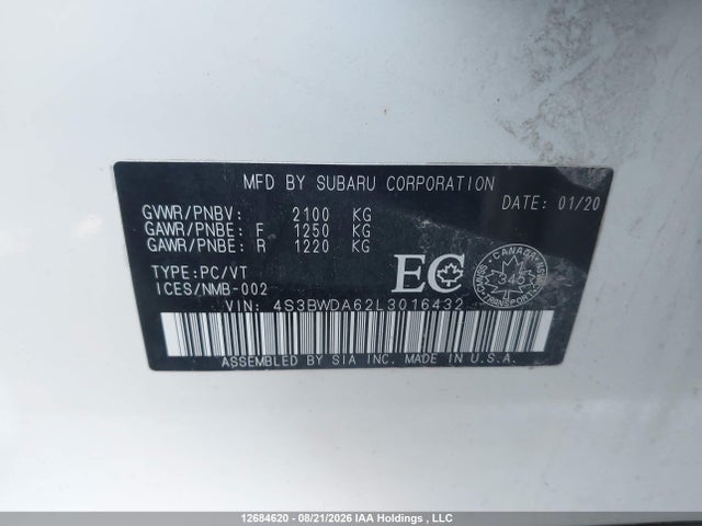 Subaru Legacy Convenience 2020 4S3BWDA62L3016432 Image 9