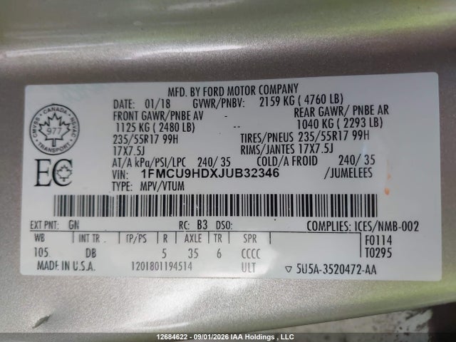 Продажа на аукционе авто 2018 Ford Escape Sel, vin: 1FMCU9HDXJUB32346, номер лота: 12684622