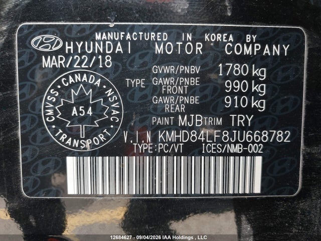 Aukcja sprzedaży 2018 Hyundai Elantra Gl, vin: KMHD84LF8JU668782, numer aukcji: 12684627
