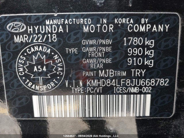 Aukcja sprzedaży 2018 Hyundai Elantra Gl, vin: KMHD84LF8JU668782, numer aukcji: 12684627
