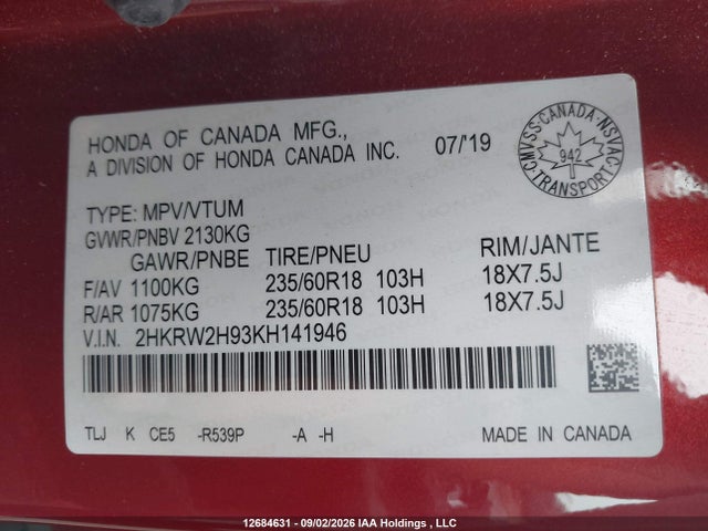 Honda Cr-v Touring 2019 2HKRW2H93KH141946 Image 21