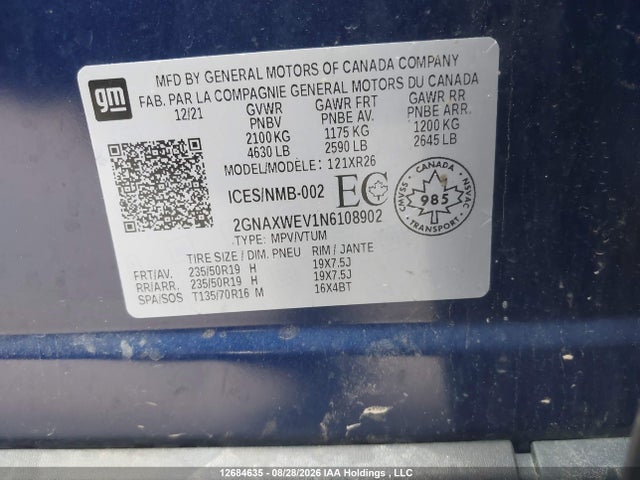 12684635 :رقم المزاد ، 2GNAXWEV1N6108902 vin ، 2022 Chevrolet Equinox Rs مزاد بيع