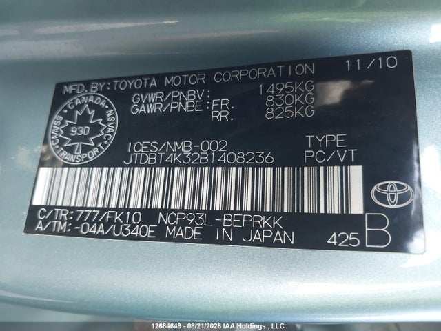 12684649 :رقم المزاد ، JTDBT4K32B1408236 vin ، 2011 Toyota Yaris مزاد بيع