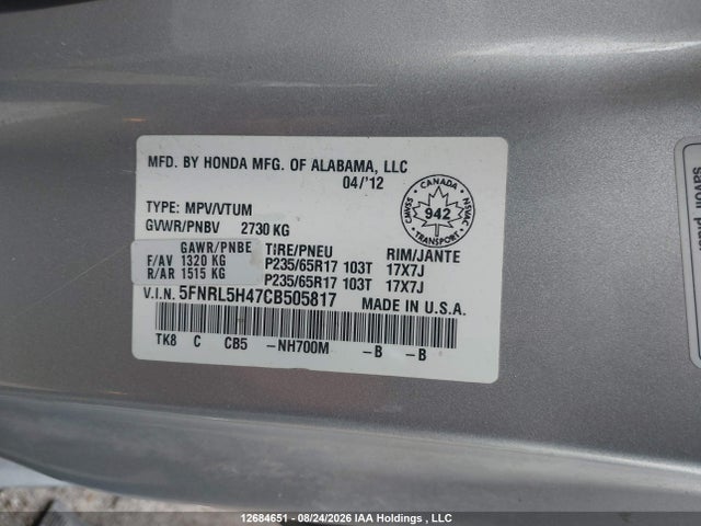 Продаж на аукціоні авто 2012 Honda Odyssey, vin: 5FNRL5H47CB505817, номер лоту: 12684651