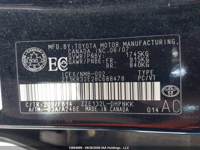 2008 Toyota Matrix Xr მანქანა იყიდება აუქციონზე, vin: 2T1KR32E28C688478, აუქციონის ნომერი: 12684659