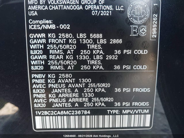 1V2BC2CA6MC236784 Volkswagen Atlas Cross Sport Sel