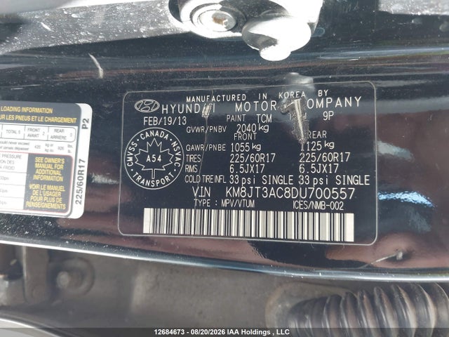 2013 Hyundai Tucson Gl მანქანა იყიდება აუქციონზე, vin: KM8JT3AC8DU700557, აუქციონის ნომერი: 12684673