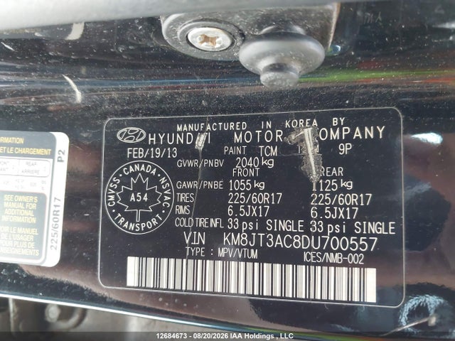 2013 Hyundai Tucson Gl მანქანა იყიდება აუქციონზე, vin: KM8JT3AC8DU700557, აუქციონის ნომერი: 12684673