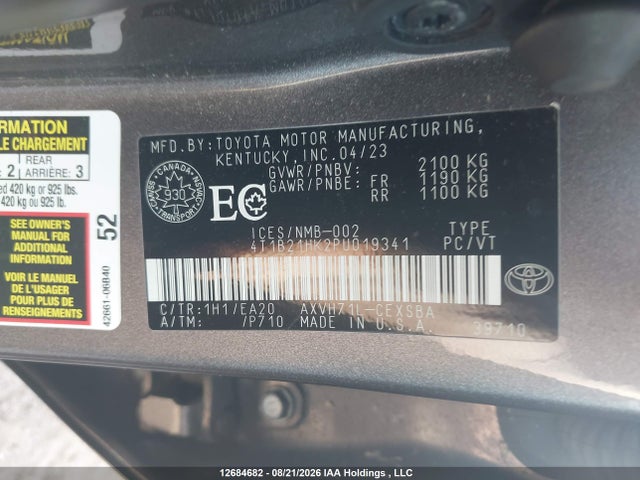 12684682 :رقم المزاد ، 4T1B21HK2PU019341 vin ، 2023 Toyota Camry Hybrid Se مزاد بيع