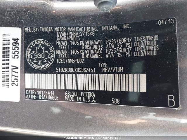 12684689 :رقم المزاد ، 5TDZK3DCXDS367451 vin ، 2013 Toyota Sienna V6 7 Passenger مزاد بيع