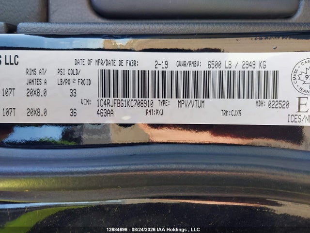 Продаж на аукціоні авто 2019 Jeep Grand Cherokee Limited, vin: 1C4RJFBG1KC708910, номер лоту: 12684696