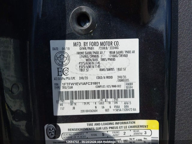 Aukcja sprzedaży 2010 Ford F150 Supercrew, vin: 1FTFW1EV1AFC31801, numer aukcji: 12684702