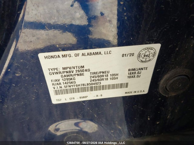 2020 Honda Pilot Ex-l Navi მანქანა იყიდება აუქციონზე, vin: 5FNYF6H78LB504923, აუქციონის ნომერი: 12684708