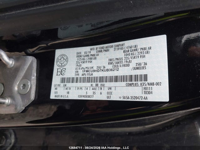 12684711 :رقم المزاد ، 1FMCU9HD7KUB36212 vin ، 2019 Ford Escape Sel مزاد بيع