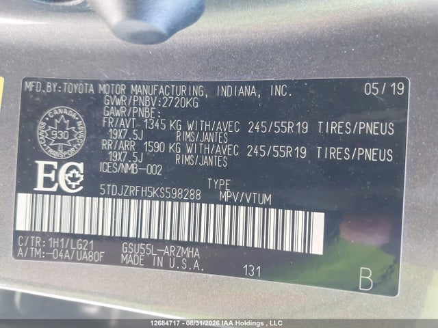 5TDJZRFH5KS598288 Toyota Highlander Se/xle