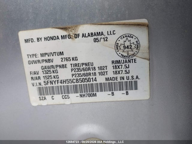 Продаж на аукціоні авто 2012 Honda Pilot Exl, vin: 5FNYF4H55CB505014, номер лоту: 12684723
