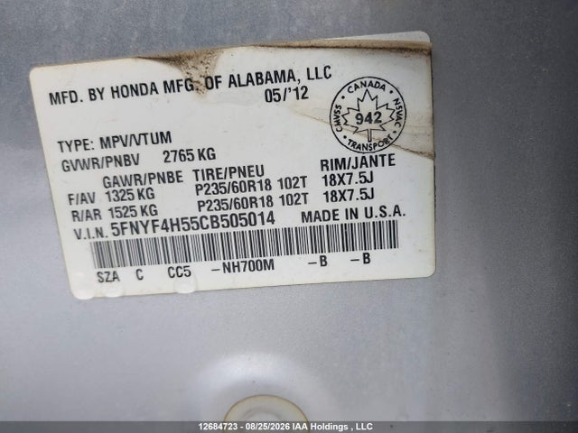Продаж на аукціоні авто 2012 Honda Pilot Exl, vin: 5FNYF4H55CB505014, номер лоту: 12684723
