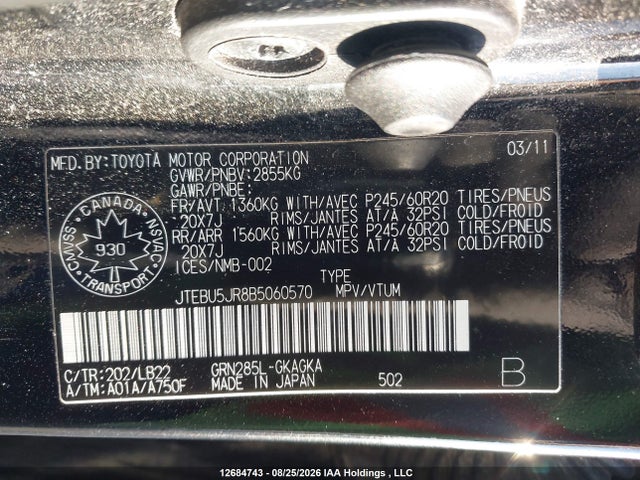 12684743 :رقم المزاد ، JTEBU5JR8B5060570 vin ، 2011 Toyota 4runner Sr5/limited/trail مزاد بيع