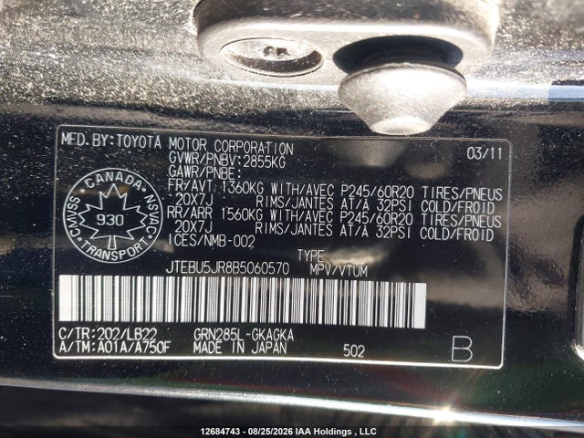 12684743 :رقم المزاد ، JTEBU5JR8B5060570 vin ، 2011 Toyota 4runner Sr5/limited/trail مزاد بيع