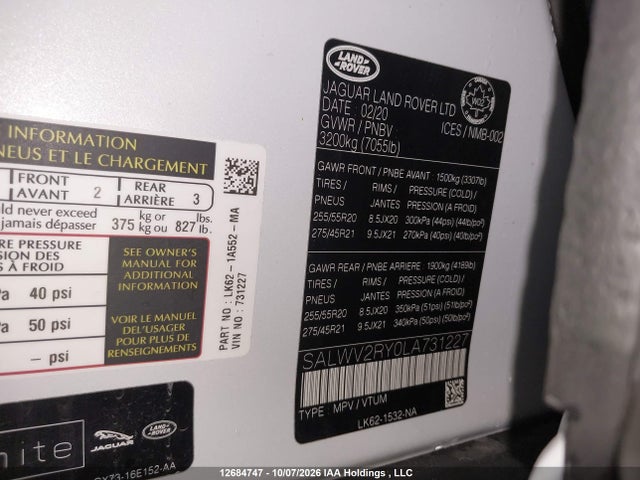 12684747 :رقم المزاد ، SALWV2RY0LA731227 vin ، 2020 Land Rover Range Rover Sport Autobiography مزاد بيع