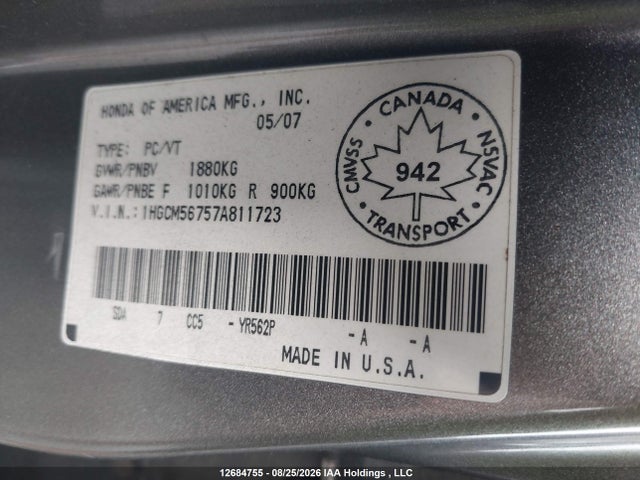 Aukcja sprzedaży 2007 Honda Accord Ex, vin: 1HGCM56757A811723, numer aukcji: 12684755