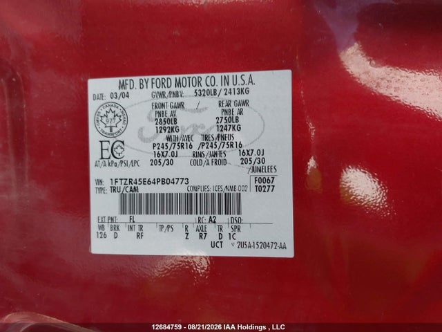 Продажа на аукционе авто 2004 Ford Ranger Edge/tremor/xlt, vin: 1FTZR45E64PB04773, номер лота: 12684759